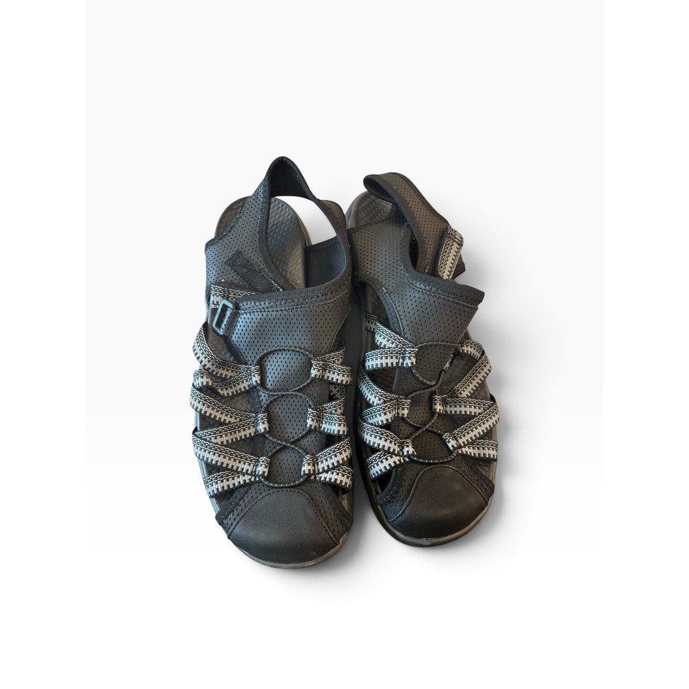 Baretraps Lana Sport Sandals 7.5M Black Grey Strappy Bungee Hiking Shoes